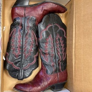 Vintage Panhandle Slim Cowboy Boots - Maroon and Black Lizard - Sz 8 1/2
